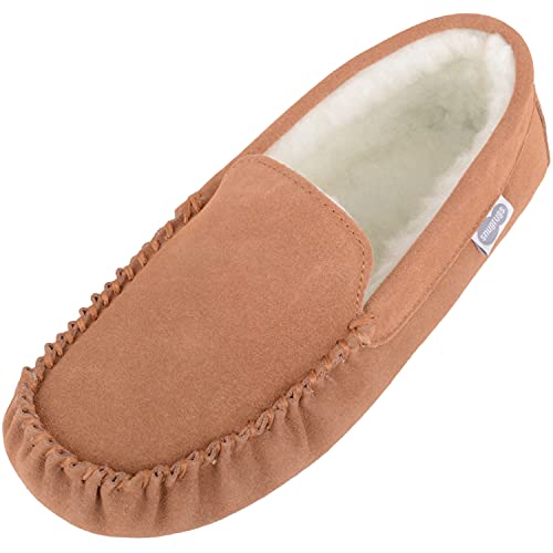 SNUGRUGS Mens Ronnie Suede Moccasin Slippers with Lambswool Inner and Suede Sole - Lightbrown - UK 9