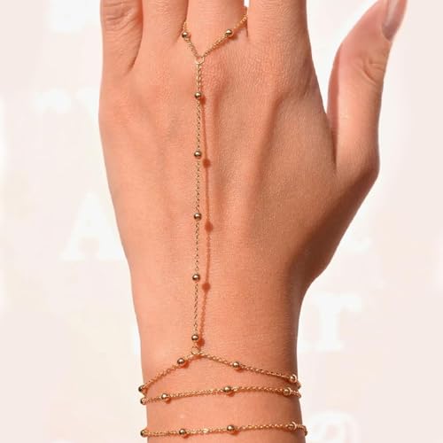 Image of Long tiantian Hand Chain Bracelet Gold Link Finger Ring Slave Bracelet