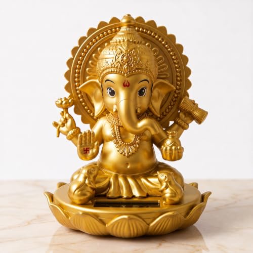 Image of Blissful Solar Moving Lord Ganesha Idol Statue Ganpati Murti for Car GoodLuck Office Home Decorative Showpiece - 11 cm (Plastic, Crystal, Gold)