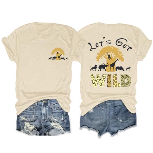 Migxsaf Animal Kingdom Shirt Zoo Shirts for Women Lets Get Wild Safari Vintage Graphic Tees Cute Vacation Tops(Apricot,L)