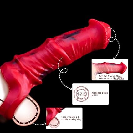 Funda de extensión de silicona en forma de caballo para pene masculino con hebilla extensible para aumentar la longitud y la circunferencia (rojo)