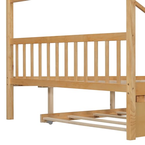 Image of Full Size Creativity House Bed with Roof Frame and Twin Size Trundle, Montessori Wooden Platform Bed with Sturdy Slats Support for Kids Teens Girls Boys, No Box Spring Needed (Natural-02, Full)
