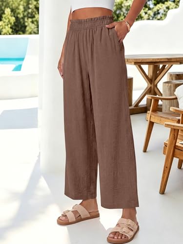 Image of ANRABESS Womens Wide Leg Cropped Palazzo Pants | Lightweight Breathable Elastic High Waisted Pants, Beach Vacation Flowy, Lounge & Casual Summer Trousers with Pockets