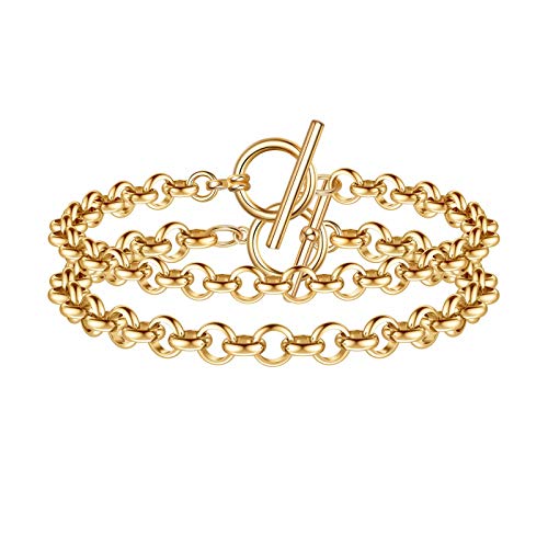 Ursteel Gold Bracelets for Women, 14K Gold Plated Adjustable Dainty Layered Gold Rolo Link Bracelet Round Link Chain Toggle Clasp Bracelet Gold Chain Bracelets for Women Girls Jewelry Gifts