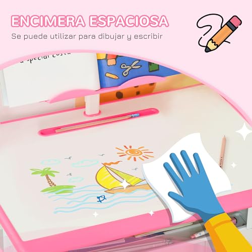 Miniatura 6 de Homcom Juego De Escritorio Y Silla Para Niños De 6-12 Años Escritorio Infantil Altura Ajustable Con 1 Cajón 1 Ranura Para Lápiz Y 1 Estante Para Libros Acero 60x45x90-102 Cm Rosa