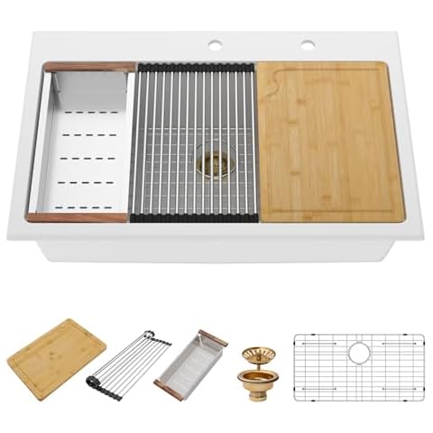 Granite Composite Kitchen Sink - Beslend 33x22 Inch Drop In Granite Workstation Kitchen Sink Topmount White Quartz Sink Ledge Classic Above Counter Single Bowl Sink Basin Cover