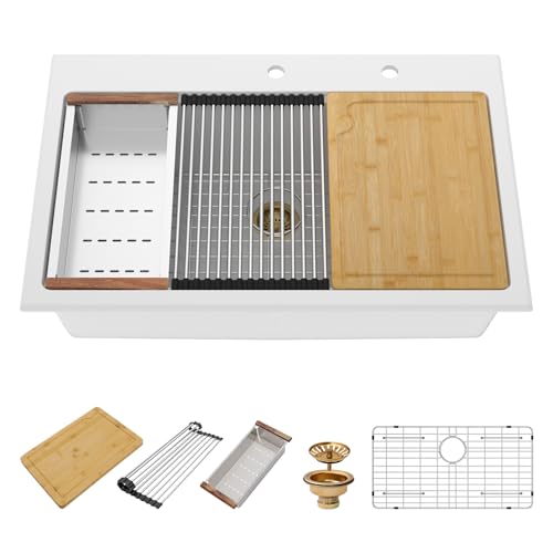 Comparison: Best Drop In Sink For Laminate Countertops 6 Beslend 33x22 Inch White Composite Drop In Kitchen Sink Granite Composite Kitchen Sink Workstation Topmount Luxury Above Counter Single Bowl Sink Basin