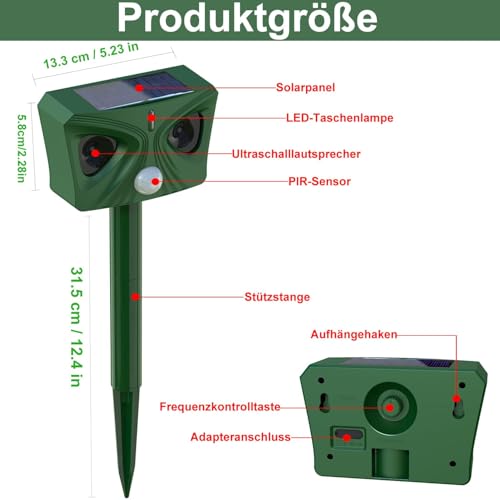 5 Modi Katzenschreck Ultraschall, Katzenschreck für Garten mit LED-Blitz und PIR-Bewegungssensor, Katzenabwehr Solar Ultraschall Tiervertreiber, Katzenabwehr Garten, Abwehrmittel für Haustiere