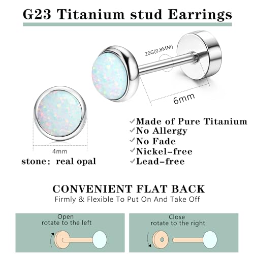 FIBO STEEL G23 Titanium Flat Back Earrings for Women Men Hypoallergenic Opal CZ Ball Tiny Studs Earrings Set for Multiple Piercings Cartilage Helix Tragus Flatback Earrings 6 Pairs 2mm/4mm3