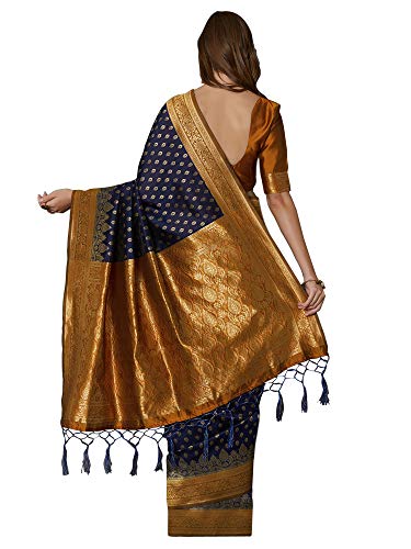 Image of AKHILAM Women's Silk Blend Woven Border Saree with Unstitched Blouse Piece