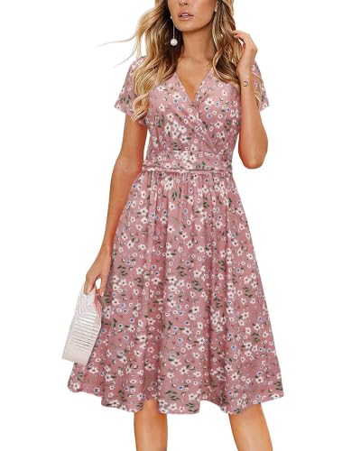 Image of Newshows Women's Pockets Wrap V Neck Floral Summer Vacation Casual Sundress | Wrinkle Free, Stretchy, Summer Beach Floral Sundress 2026, Casual Dress for Vacation, Guaduation, Side Pockets, A-line