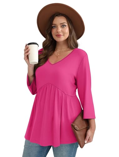 Image of OFEEFAN 3 /4 Length Sleeve Womens Tops 2026 Blouses for Women Dressy Casual Fashion Clothing V Neck Babydoll Tops Fall Outfits
