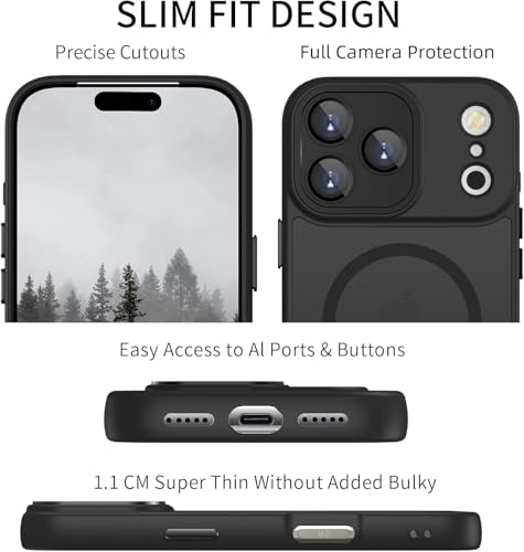 Image of VONZEE Magnetic Case Compatible with iPhone 17 Pro, MagSafe Compatible Slim Translucent Matte Shockproof Protective Phone Cover, Anti-Fingerprint Full Camera Protection Back Case, Black