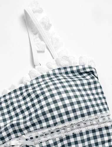 Image of ZAFUL Womens High Waisted Bikini Sets 2 Piece Plaid Ruffle Swimsuits Back Strap Top with High Waisted Shorts Bathing Suit