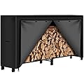 AMAGABELI GARDEN & HOME 8ft Firewood Log Rack With Cover Combo Set Waterproof Outdoor Log Holder Fireplace Heavy Duty Wood Stacker Patio Pit Storage Steel Tubular Pile Rack Tool Accessories Black