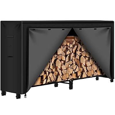 AMAGABELI GARDEN & HOME 8ft Firewood Log Rack With Cover Combo Set Waterproof Outdoor Log Holder Fireplace Heavy Duty Wood Stacker Patio Pit Storage Steel Tubular Pile Rack Tool Accessories Black