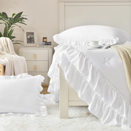 Image of Cupocupa White Full Comforter Set, 3Pcs Comforters Ruffle Farmhouse Bedding Sets Full with Comforter, Lightweight Soft Shabby Chic Bedding Comforter Set Fluffy for All Season (White, F)