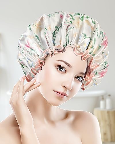 Aquior Shower Cap for Women, Reusable Shower Caps Double Layer Waterproof Womens Girls Adult Hair Cap for all Hair Lengths with EVA Lining, Soft Shower Caps for Long Thick Hair