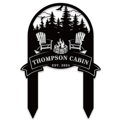 Personalized Family Name Firepit Scene Sign with Yard Stake, Rustic