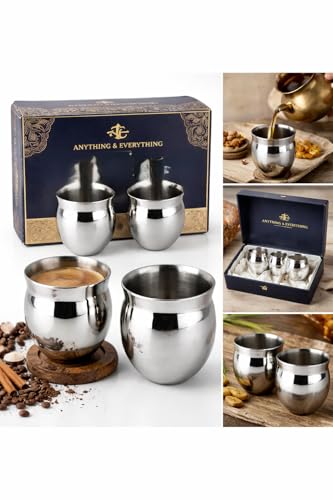 Image of Anything & Everything Stainless Steel Kulhad Cups Set of 2 | Unbreakable Tea & Coffee Glasses | Traditional Design Double Wall Look | Reusable & Durable Drinkware for Home, Office & Travel (Silver)