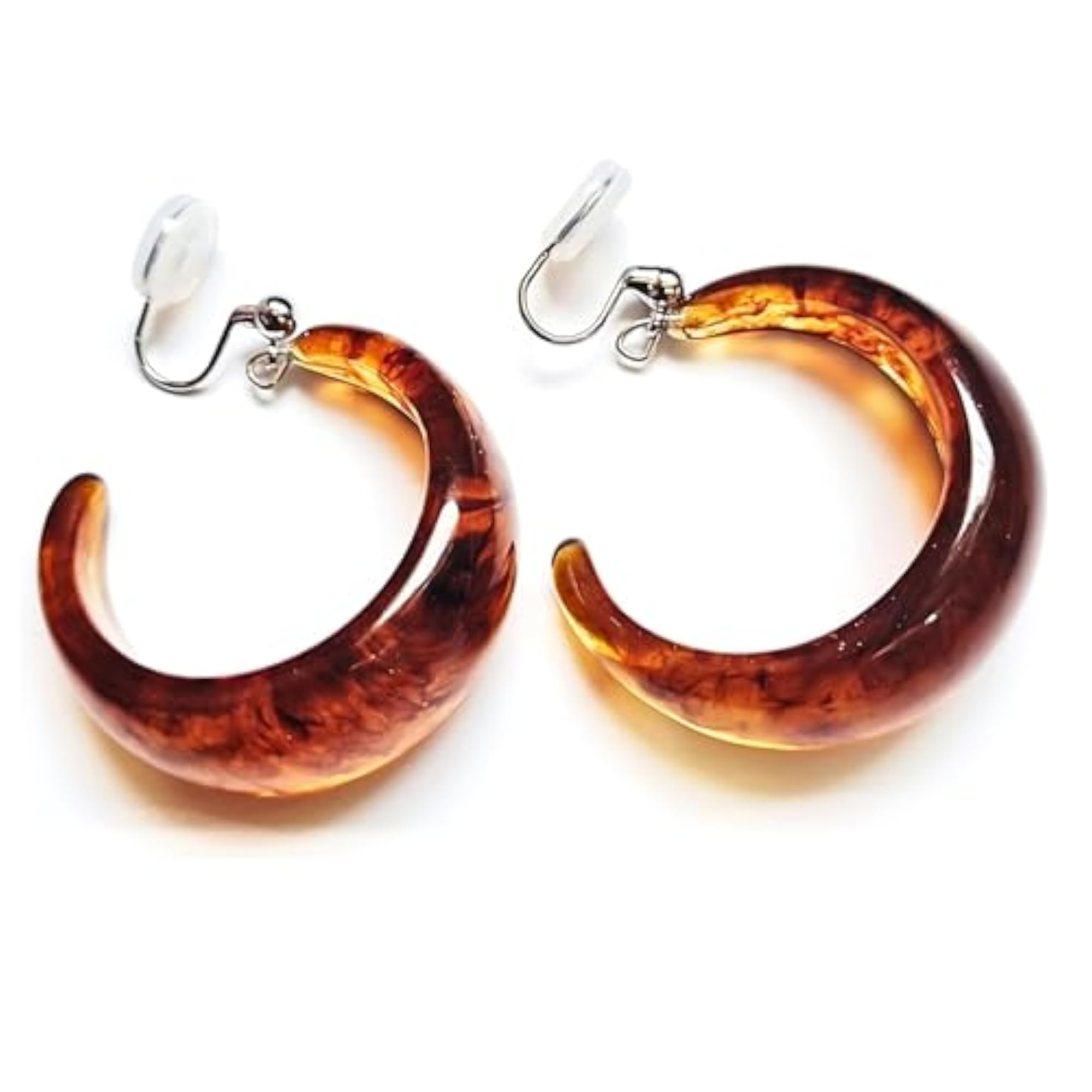 Women's Silver Plated Amber Glow Resin Clip-On Hoop Earrings