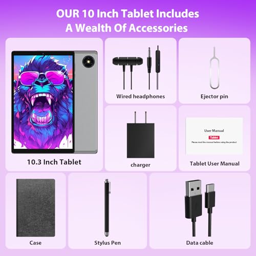 Image of 2026 Tablet with Keyboard,Stylus & Mouse, 10.3 Inch Android 13 Tablets, 2K IPS Screen, 19GB RAM 256GB (1TB TF), 8000mAh, 8-Core,8+13MP, 5G /2.4G WiFi,Tablets for Students, Adults, Play- Gray