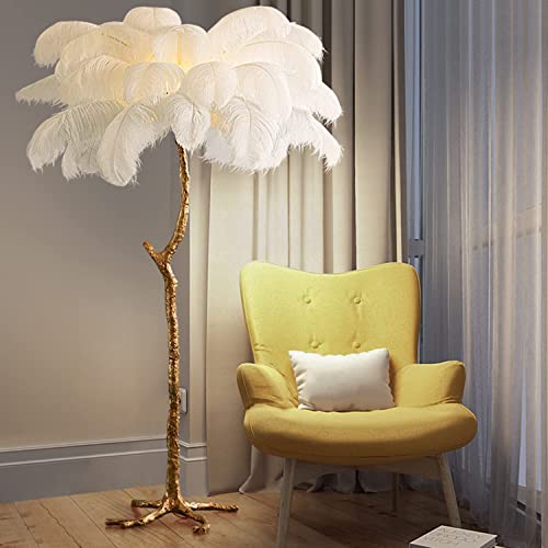 Lámpara de pie de plumas, lámpara de pie blanca, lámpara de pie de plumas de avestruz natural, lámpara de pie de resina moderna, luces decorativas con interruptor de pie, luz nocturna decorativa regul