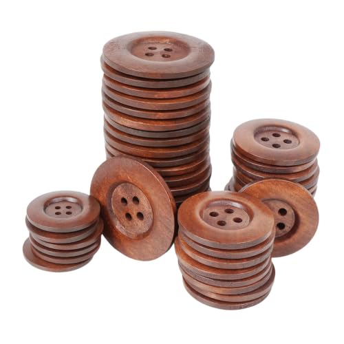 Image of Pack of 6 Big Coffe Brown Wooden Buttons Diameter 34 mm,(1 3 /8 inch) 4 Holed for Sewing and Art and Craft Round Buttons with 4 Holes