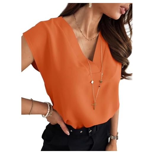 Lynwitkui Blusas femininas de chiffon, gola V, manga cavada, casual, solta, trabalho, escritório, lisa, Laranja, G