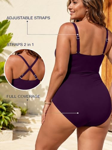 Image of One Piece Swimsuit for Women Tummy Control Bathing Suits Ruched Swimwear