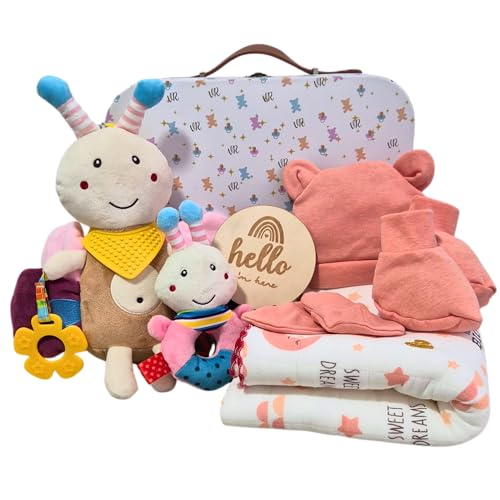 VEVIUR - Canastilla Bebé recién nacido. Cesta regalo bebé recién nacido Incluye: Maletín, Manta, Conjunto de Ropa 100% algodón orgánico, Peluche, Sonajero, Tarjeta de Bienvenida (ROSA)