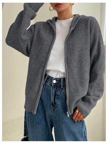 Image of SOLY HUX Zip Up Cardigan for Women Hooded Cardigan Sweater Knitted Drop Shoulder Fall Clothes Winter Hoodies Outerwear