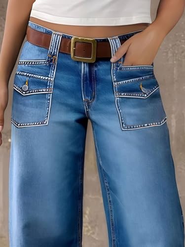 Flamingals Straight Leg Jeans for Women Mid Rise Baggy Flap Pockets Wash Denim Pants Without Belt2
