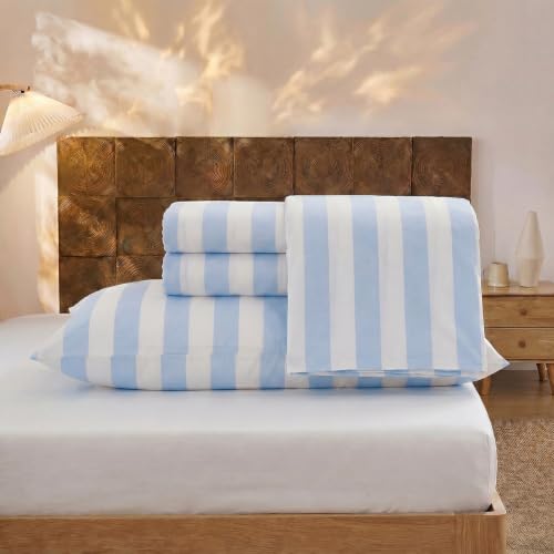 Image of Merryword Blue and White Striped Sheet Set Queen Size - 100% Cotton Striped Bedding 4 Pieces, Soft Breathable Percale Weave, 17.5 inch Deep Pocket, Luxury Linen Like, All Season Comfort