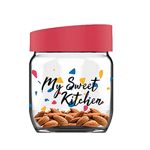 Image of Pasabahce Printed Glass Jar with Red Lid from House of the Original Pasabahce from Turkey | Stylish & Durable Airtight Storage Container for Pickles, Snacks, Cookies & Spices for Kitchen(425ml, 2 pcs)