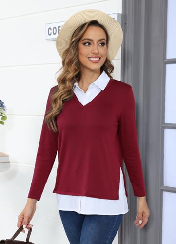 Image of Vldnery Womens Fall Winter Sweater 2025 Trendy Clothes Oversized V Neck Long Sleeve Shirts 2 in 1 Outfit Casual Pullover Tops