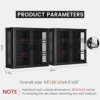 56" Black Wall Storage Cabinets,Kitchen Wall Cabinets with Glass Doors,Over The Toilet Storage Cabinets with Tempered Glass, Upper cabinets for Launtry, Kitchen,Bathroom, 28 inch X 2PCS