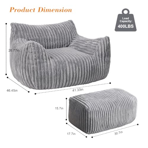 LaoGeoRon Giant Bean Bag Chairs for Adults, Large Plush Bean Bag Chair with Armrests & Ottoman, Living Room Beanbag Chair with Memory Foam Filled, Vacuum-Compressed for Easy Gifting, Grey - Image 2