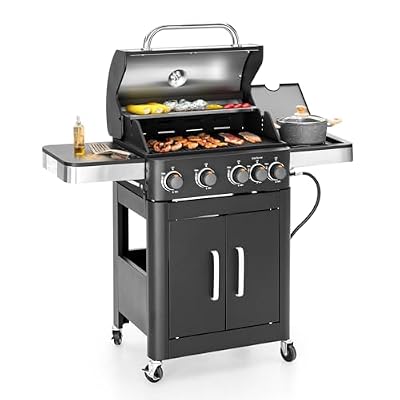 MFSTUDIO 4-Burner Propane Gas BBQ Grill with Side Burner & Porcelain-Enameled Cast Iron Grates, Grill Griddle Combo, 46,700 BTU for Outdoor Backyard Cooking, Black