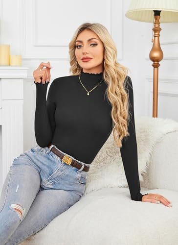 Herou 2 Pack Women Lettuce Trim Ribbed Knit Long Sleeve Top Mock Neck Basic Layer Tops Turtleneck Thermal Underwear Tops3