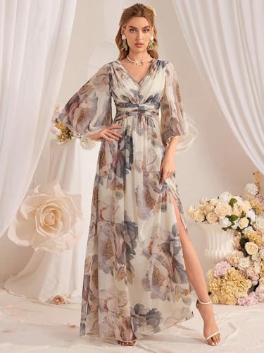 Image of TOLEEN Summer Casual Dresses for Women 2024 Spring Fashion Boho V Neck Long Sleeve Ruffle Floral Print Elegant Maxi Dress