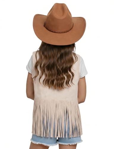 Image of Noomelfish Girls Faux Suede Fringe Vest Sleeveless Boho Tassels Jacket Cardigan (5-12 Years)