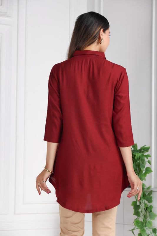 Image of Mlada Rayon Flare Top for Women | 3 /4th Sleeve Regular Fit and Flare Top | Women Office Tops Tunic | Western Long Shirt Top for Women | Shirt Collar Top for Women | Rayon Tunic Tops for Women Western