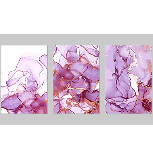 Peintures murales abstraites marbre violet triptyque haut de gamme dorures chic 50x70cm