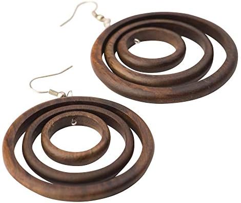 81stgeneration Large Round Wood Handmade Earrings with 925 Sterling Silver Hooks - Brown Earrings for Women - Circle Dangle Earrings - Wooden Discs Hoop Earrings - Boho Statement Jewellery