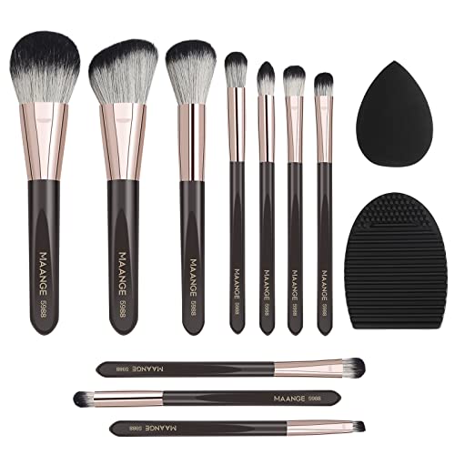 Makeup Brushes 10 Pcs Makeup Brush Set Professional Premium Synthetic Foundation Brush Blending Face Powder Eye Shadows Blush Make up Brushes with Makeup Sponge and Brush Cleaner (Brown)