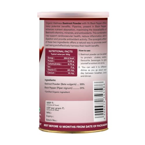 Image of Organic Wellness Beetroot Powder | For Face Pack, Lip, Skin & Hair Care | Natural Antioxidant-Rich | 100% Plant-Based, No Preservatives | 100g Bottle Pack of 1
