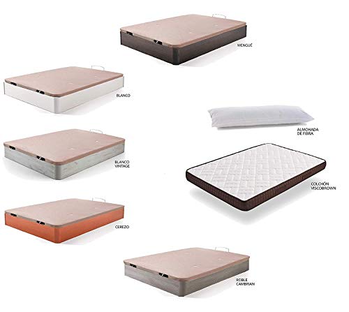 HOGAR24 ES Cama Completa - Colchón Viscobrown Reversible + Canape Abatible de Madera Color Blanco + Almohada de Fibra, 105x190 cm