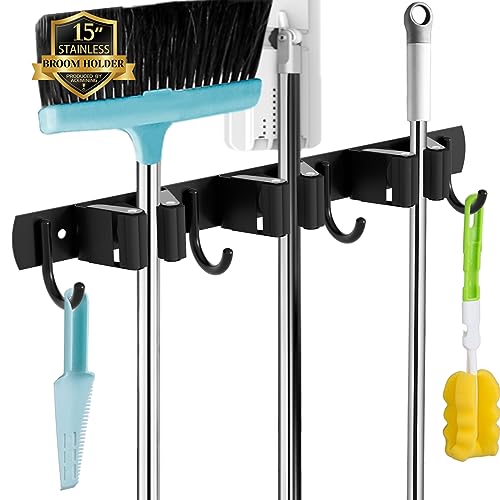 AceMining Accroche Balai Mural, 3 Supports + 4 Crochets Noir Porte Balais Mural, Support Balais Mural, Porte Balais Mural Sans Percage, Rangement Balai, Attache Balai...
