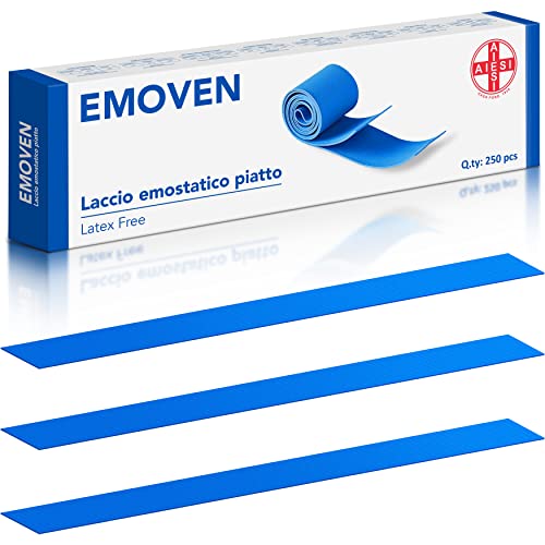 AIESI® Torniquete plano desechable hipoalergénico libre de látex en caucho termoplástico (TPE) de alta elasticidad color azul largo 39 cm EMOVEN (Paquete de 250 piezas)